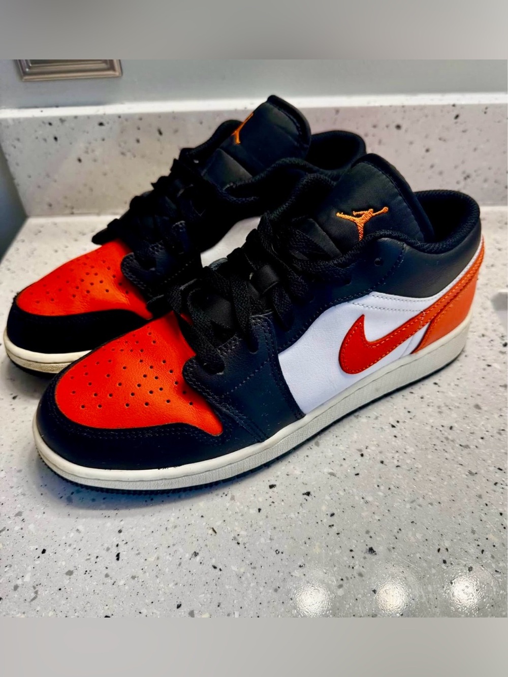 Nike Jordan One Low Sneaker — Black/Orange/White with Orange Tongue Logo 6.5Y